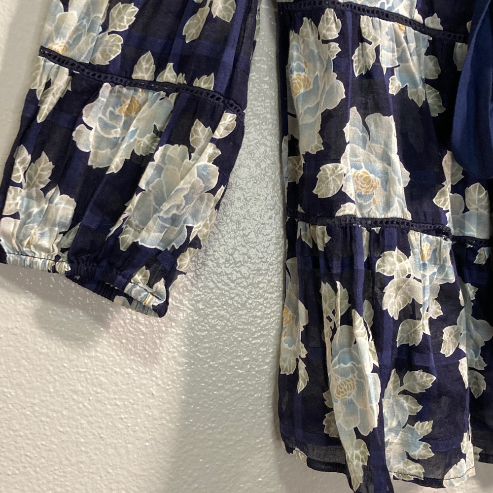 Anthropologie Odille Faraway Navy White Floral Boho Peasant Blouse Twee y2k sz 0 - Picture 6 of 10